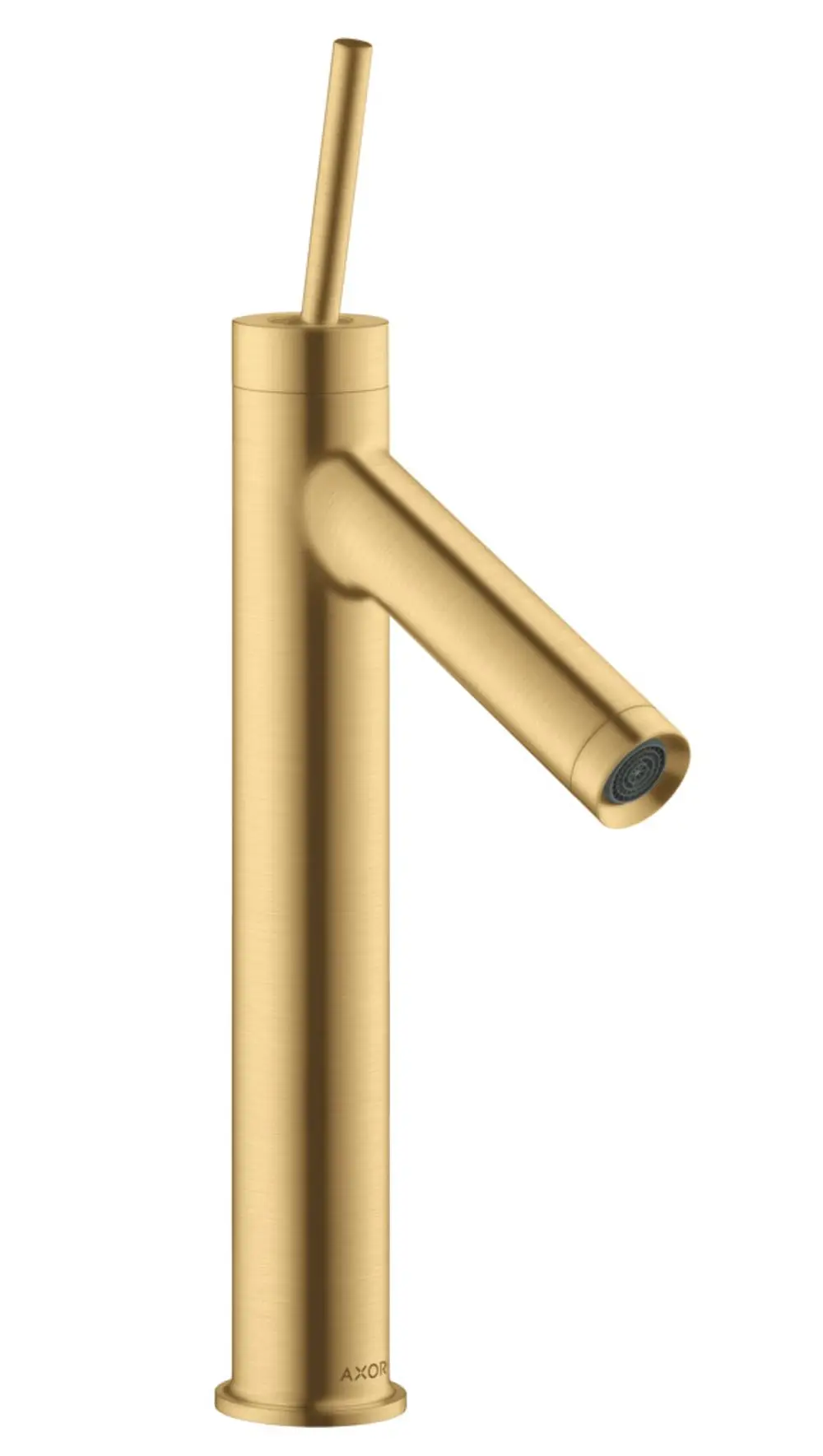 Ein einhebeliger Waschbeckenmischer in gebürstetem Gold mit schlankem Design. Der Auslauf hat eine runde Form und die Marke AXOR ist sichtbar am Fuß des Mischers.